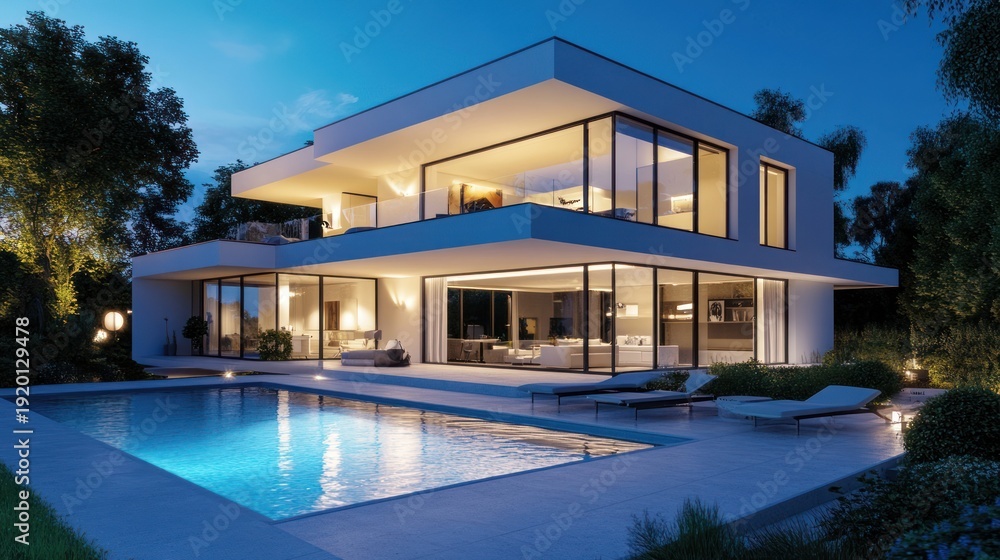 Fototapeta premium Modern villa with sleek design and illuminated pool at dusk