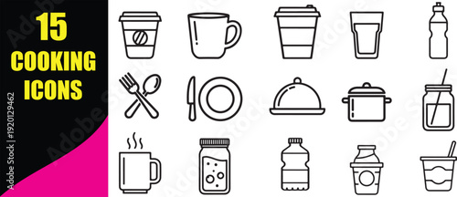 Kitchen and cooking equipment icon set including coffee cups mugs plates cutlery pots jars bottles and various glass containers for beverages and food storage