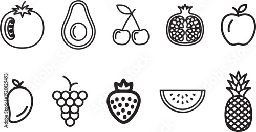 Collection of fruit and vegetable line icons showing tomato avocado cherry pomegranate apple mango grapes strawberry watermelon slice and tropical pineapple art