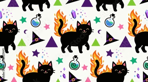 Adorable Burning Cats with Magic Elements - Cute Halloween Seamless Pattern Vector Illustration