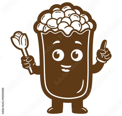 Cute cartoon character holding tulip spoon and pointing happy chocolate cocoa illustration