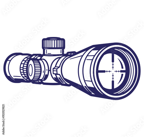 Detailed outline illustration of a precision rifle scope with crosshairs for targeting