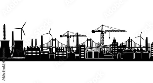 A stark black and white skyline depicts a modern industrial city with energy infrastructure high quality