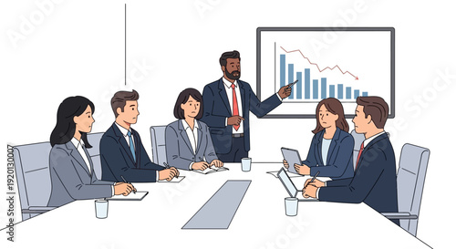 Business Meeting Presentation with Downward Trend Graph.