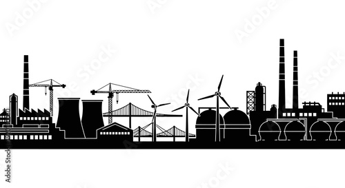 A stark black and white silhouette depicts an industrial cityscape with both traditional and renewable energy sources