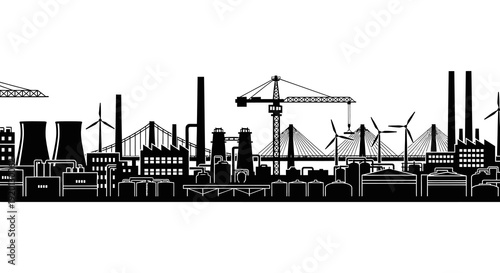 A stark black and white skyline depicts industrial structures wind turbines and a cityscape high quality