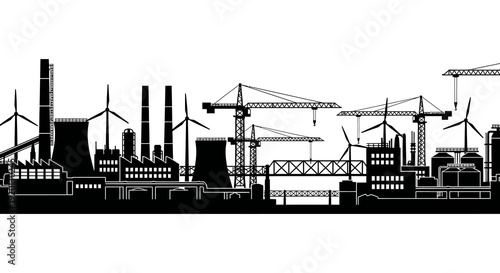 A stark black silhouette depicts an industrial cityscape with cranes factories and wind turbines high quality
