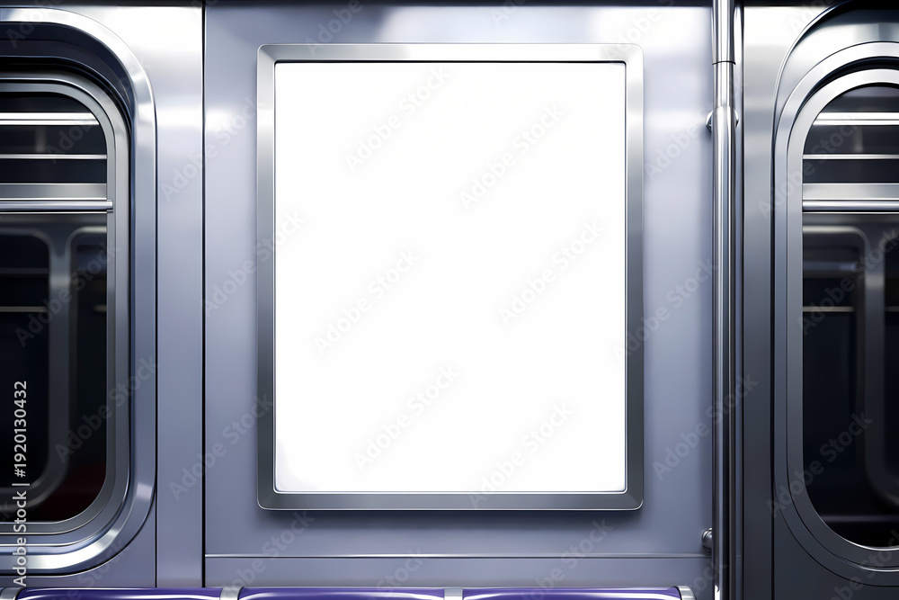 Fototapeta premium Blank white vertical advertisement poster inside a modern subway train, ready for your custom urban marketing campaign design