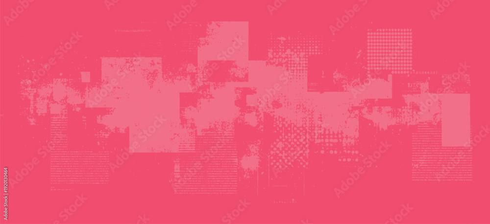 Obraz premium Abstract geometric shapes with distressed textures and halftone dots on a pink background