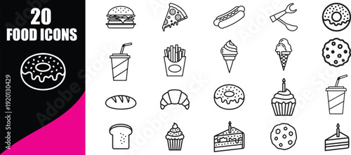 Set of twenty line icons for food and desserts featuring burger pizza hot dog donut fries ice cream croissant cupcake cake slice bread toast cookie and drinks