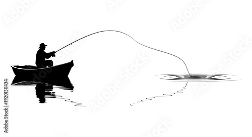 A silhouetted fisherman in a small boat casts a line into calm waters creating ripples