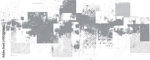 Gray abstract shapes and text fragments on white background. distressed texture