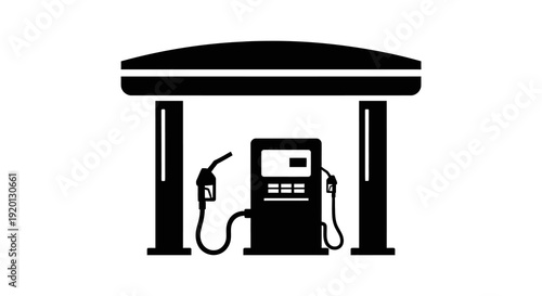 Simple black and white illustration of a gas pump under a canopy structure high quality professional