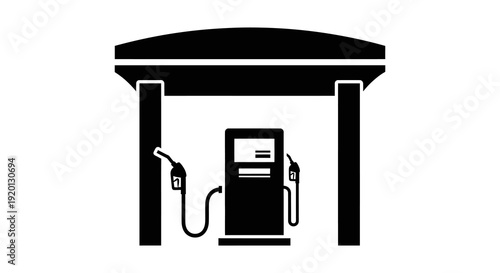 A simple black and white icon depicting a gas station pump under a canopy structure