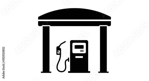 A simple black and white icon depicting a gas station with a pump and canopy