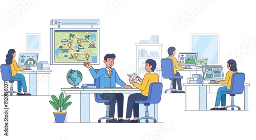 Business meeting with a consultant discussing travel plans.