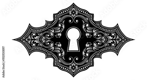 An ornate black and white decorative escutcheon featuring a keyhole as its central element high quality professional detailed