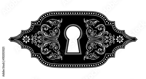 An ornate black and white frame surrounds a keyhole evoking mystery and vintage aesthetics high quality professional detailed
