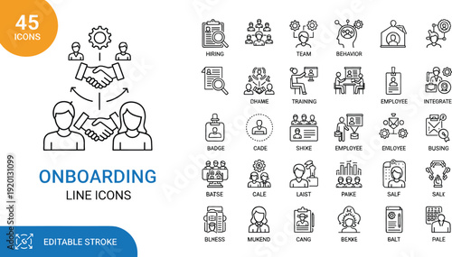 Set of 45 onboarding line icons for employee hiring recruitment training and corporate team integration concept