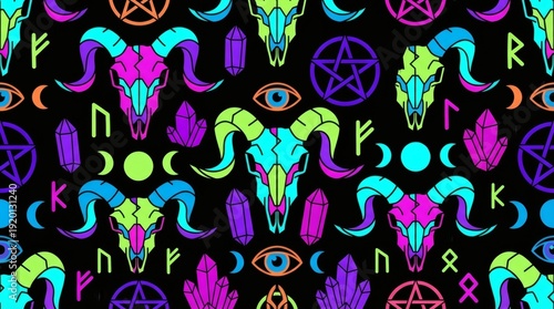 Bright Goat Skulls and Occult Symbols Pattern - Mystical Neon Seamless Vector Illustration Design