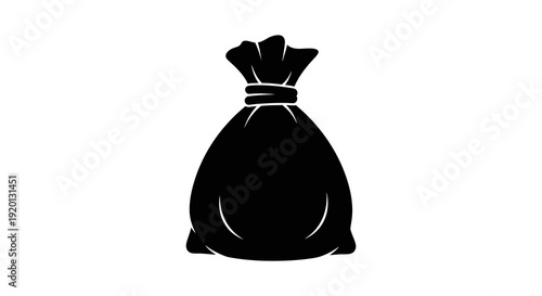 A simple black silhouette of a tied sack or bag isolated on a plain white background