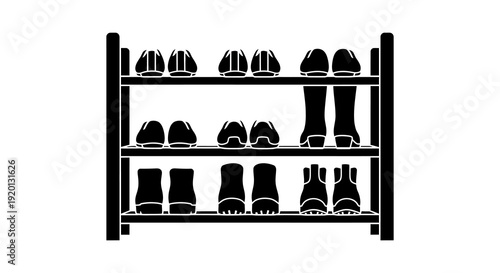A black and white illustration depicting a shoe rack filled with various footwear styles high quality