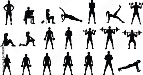 Set of diverse fitness people silhouettes performing gym exercises with dumbbells barbells and bodyweight training isolated on white background for workout and health concept