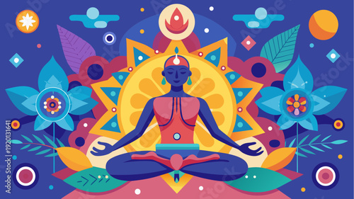 Woman meditating in lotus pose with mandala and floral elements in vibrant flat design illustration symbolizing yoga, spirituality, harmony and inner balance