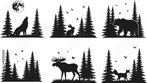 Forest wildlife silhouette set featuring wolf bear deer rabbit and fox among pine trees and birds isolated on white background for nature landscape and conservation concepts