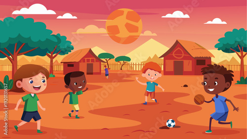 Happy children playing football and basketball in african village at sunset in colorful cartoon flat design illustration