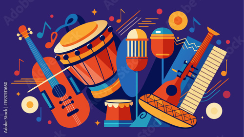 Colorful musical instruments composition with violin, drum and maracas in vibrant flat design illustration on dark background
