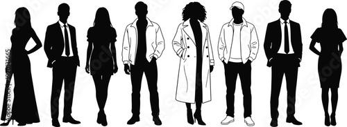 Set of diverse people silhouettes wearing formal business suits casual jackets and elegant dresses isolated on white background for corporate fashion and lifestyle design