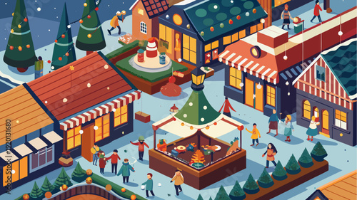 Winter christmas market in cozy town square with decorated tree, festive lights and people enjoying holiday fair in colorful flat design illustration