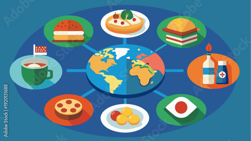 Global food map with traditional dishes, burger, sushi, pizza and coffee around world in colorful flat design illustration