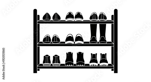 A black and white illustration of a shoe rack filled with various styles of footwear