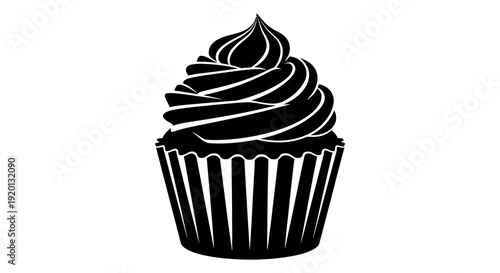 A black and white illustration of a single cupcake with a swirled frosting topping high quality professional detailed