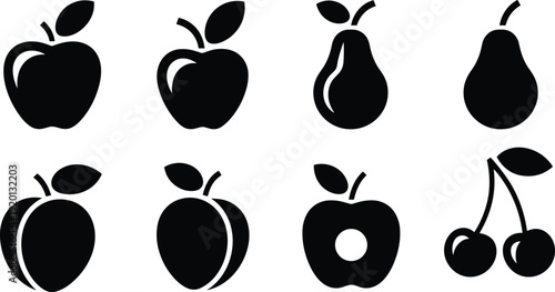 Fruit silhouette illustration collection with apples, pears, peaches, and cherries, black icon design concept for food, healthy eating, nature, organic produce, decorative artwork