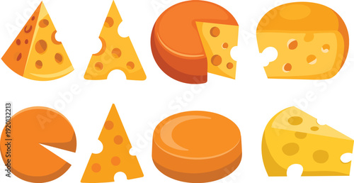 Collection of eight stylized cheese pieces in various shapes and colors, ideal for culinary design, food illustration, dairy product concepts, and gourmet themes