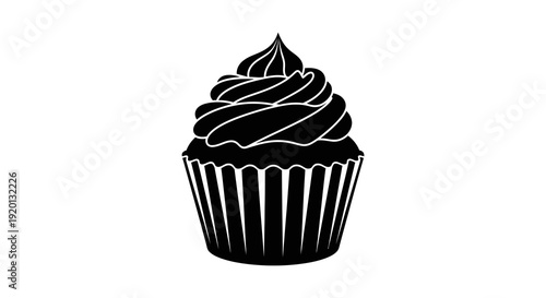 A black and white silhouette of a frosted cupcake with a detailed wrapper design high quality professional modern