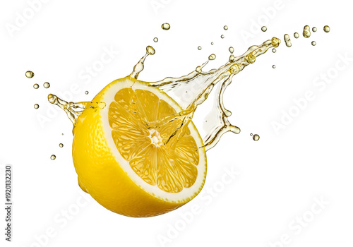 A lemon half with juice splashing isolated on transparent background