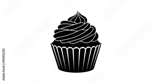 A black and white silhouette of a decorated cupcake with a swirled frosting top high quality professional detailed