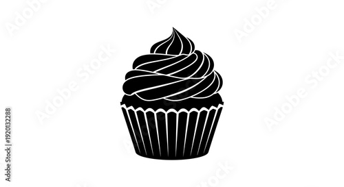 A black and white silhouette illustration of a single decorated cupcake with a textured wrapper