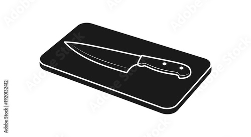 A black and white illustration of a kitchen knife resting on a rectangular cutting board