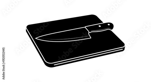 A black and white illustration depicts a kitchen cutting board with a chef s knife resting on top