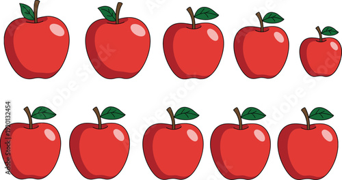 Set of ten red apples arranged in rows, showing size variation and uniformity, ideal for food design, education, and healthy lifestyle concepts