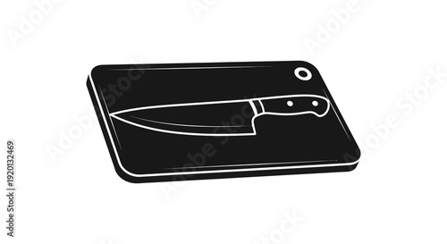 A black and white illustration depicts a cutting board with a chef s knife resting on top
