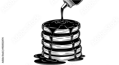A stack of pancakes is drenched in dark syrup creating a visually striking monochrome image