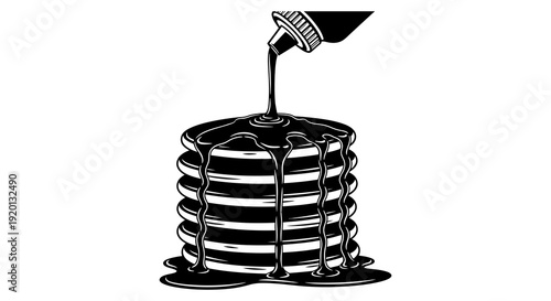 Black and white illustration of syrup being poured onto a tall stack of pancakes high quality