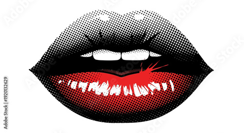 Bold Graphic Illustration of Vibrant Red Lips with Halftone Dot Effect, Sensual Mouth