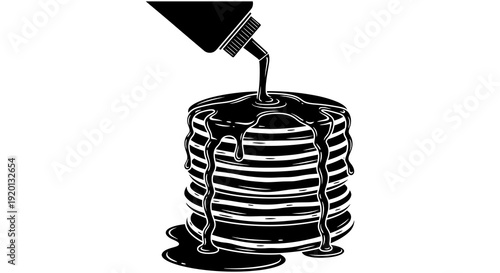 A stack of pancakes is being drizzled with a dark flowing liquid likely syrup or sauce